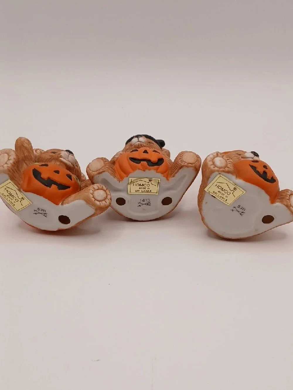 3 Homco Halloween Pumpkin Jack-o-Lantern Bear Figurines #'s 5311 & 1413